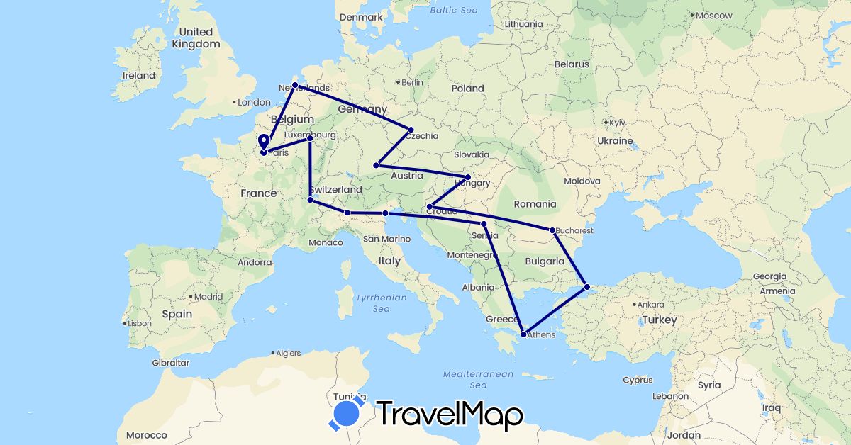 TravelMap itinerary: driving in Switzerland, Czech Republic, Germany, France, Greece, Croatia, Hungary, Italy, Luxembourg, Netherlands, Romania, Serbia, Turkey (Asia, Europe)